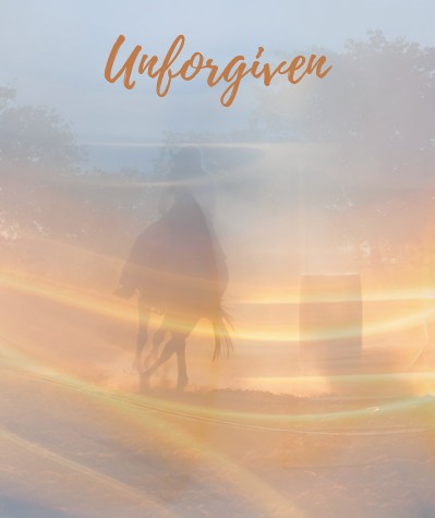 Picture of a back view of a horseback rider in the dawn, approaching a tombstone in the distance